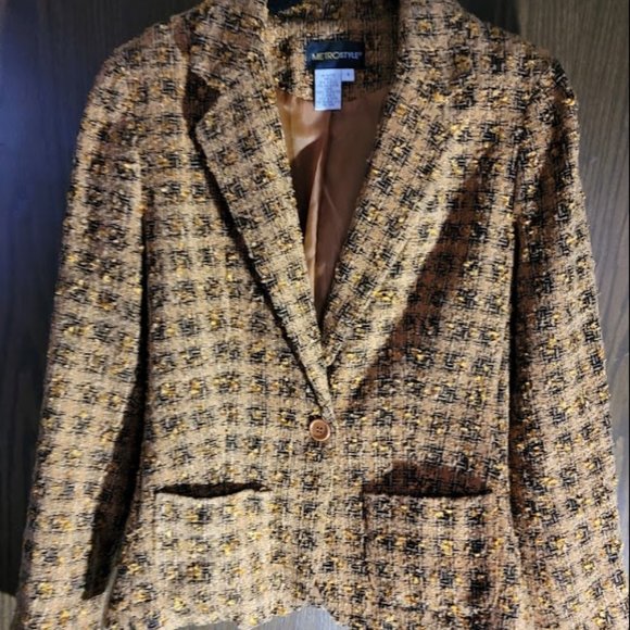 Vintage Gorgeous Black and Gold Houndstooth Tweed Blazer Size 8 - Picture 1 of 11